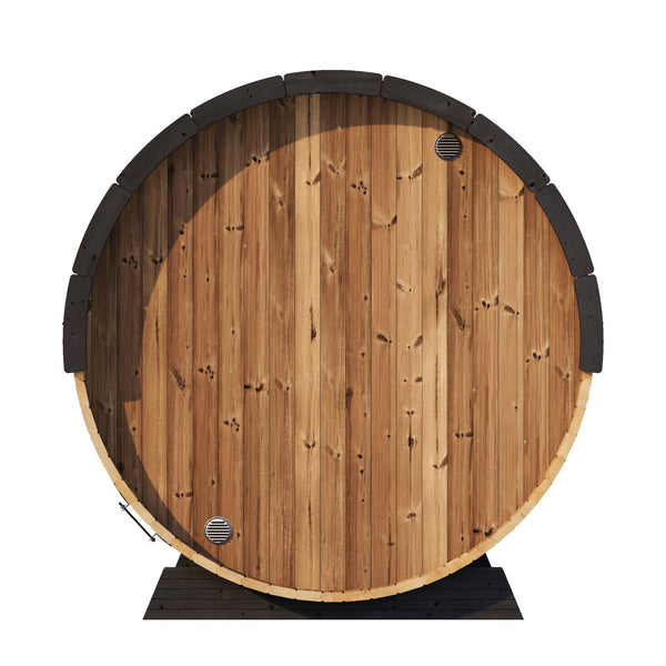 Front view of the wooden EE8G Sauna Barrel - 6-8 Person | Western Sol with metal vents and black protective trim on a dark base.