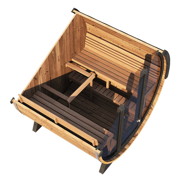 Cutaway view of the EE8G Sauna Barrel - 6-8 Person | Western Sol showing the wooden interior benches and curved barrel design for a spacious wellness and body care experience.