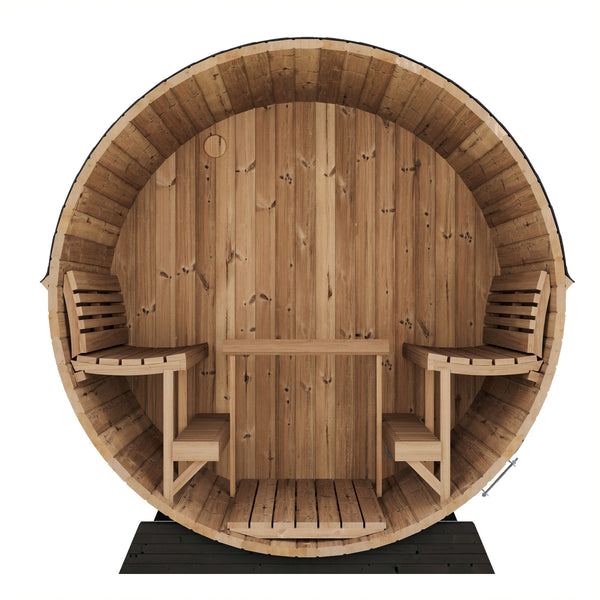 Interior view of the EE8G Sauna Barrel - 6-8 Person | Western Sol showing natural wood benches and backrests designed for a comfortable wellness and recovery experience.