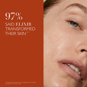 Close-up of a woman’s face with glowing skin next to text highlighting that 97% said Elixir | Omorovicza transformed their skin in a skincare self-assessment trial.
