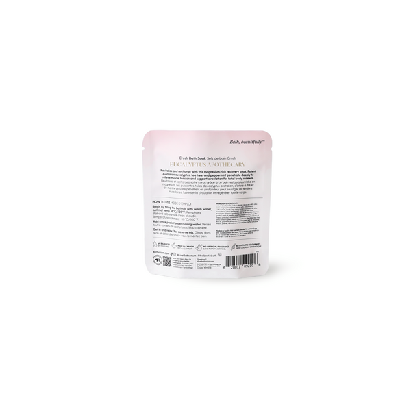 Eucalyptus Apothecary Crush | Bathorium pouch showing product information, ingredients, directions, and sustainability symbols on a white background