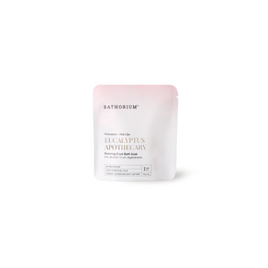 Eucalyptus Apothecary Crush | Bathorium bath soak pouch featuring eucalyptus apothecary and wintergreen pink clay for a restorative bath care experience