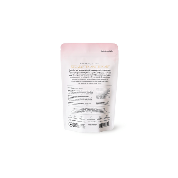 Back view of Eucalyptus Apothecary Crush | Bathorium pouch showing product information directions ingredients symbols and barcode