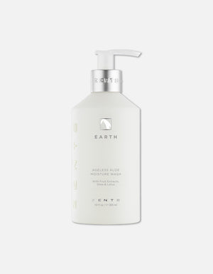 White pump bottle of Ageless Aloe Moisture Wash | Zents featuring a minimalist design, promoting skincare and body care with natural ingredients like aloe, shea, and lotus.