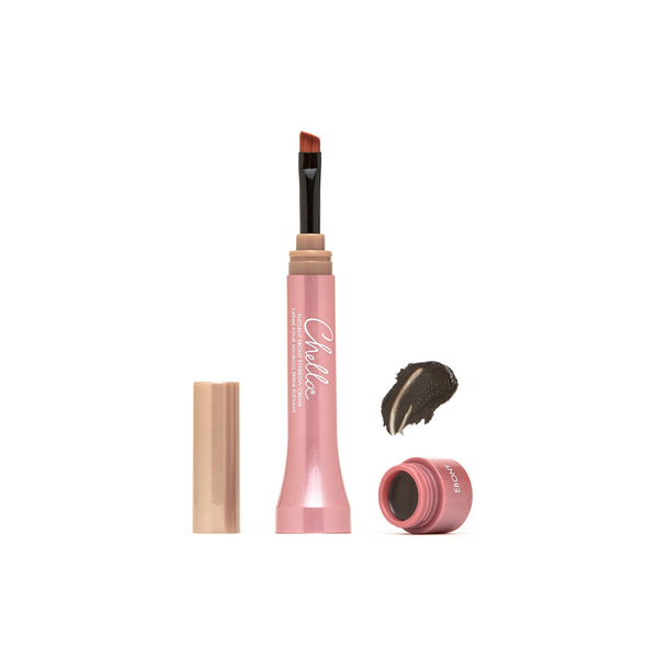 Eyebrow Cream | Chella in a sleek pink tube with angled brush applicator, open container showing dark taupe cream swatch for precise brow shaping and filling.