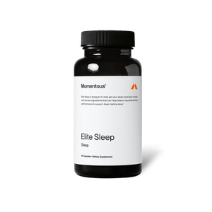 A black bottle with a white label for Elite Sleep dietary supplement by Momentous, designed to support deep, lasting sleep through balanced neurotransmitters and hormones.
