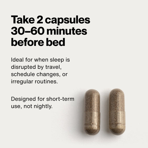 Instructions for using Elite Sleep wellness supplement capsules, recommending taking two capsules 30 to 60 minutes before bed for short-term support during travel or schedule changes.