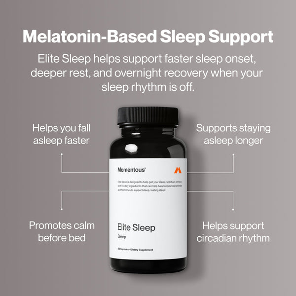 Bottle of Elite Sleep dietary supplement with melatonin-based sleep support benefits including faster sleep onset, deeper rest, calm before bed, and circadian rhythm support