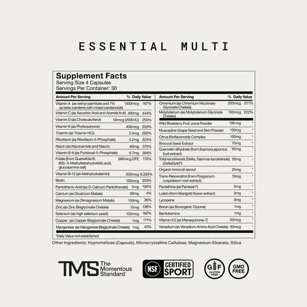 Supplement facts label for Multivitamin showing detailed vitamin and mineral content per serving along with other nutritional components and quality certifications.