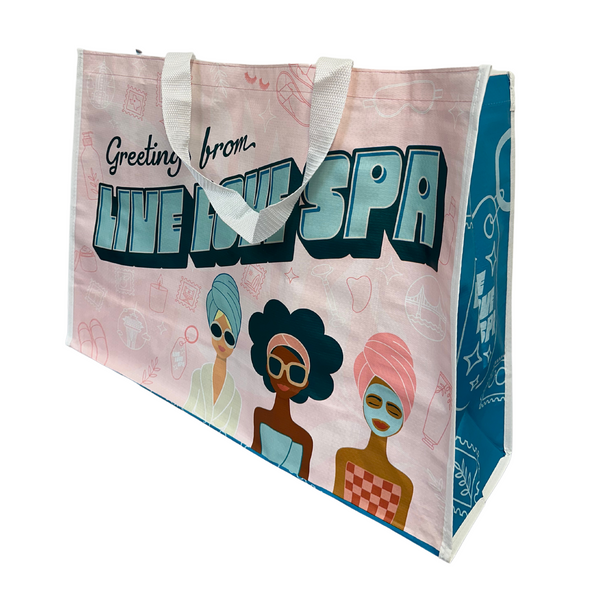Live Love Spa Mid-Century Modern Event Bag | Live Love Spa featuring a pink and blue design with retro illustrations of three women in spa attire and the text "Greeting from Live Love Spa" in bold letters.