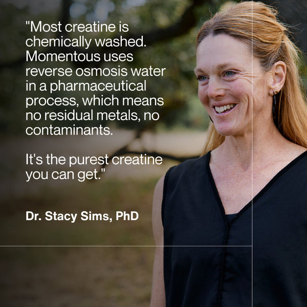 Smiling woman with red hair outdoors next to a quote about the purity of creatine using reverse osmosis water, promoting Creatine 15-Travel Packs as a wellness supplement.