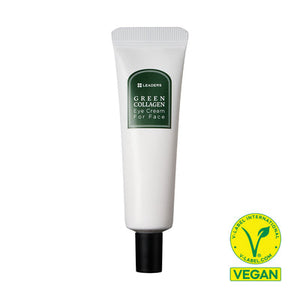 Tube of Green Collagen Eye Cream for Face | Leaders in white packaging with green label and black cap, accompanied by a vegan certification symbol.