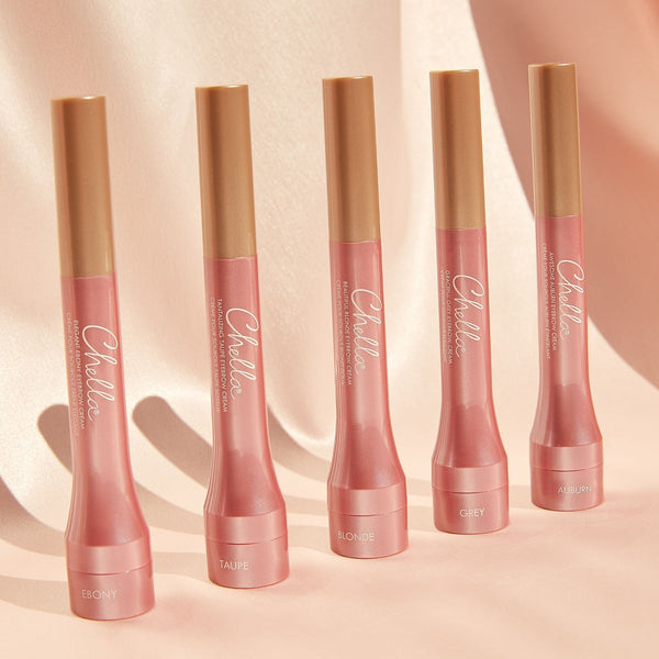 Five shades of Eyebrow Cream | Chella in soft pink tubes with gold caps displayed on a light beige background, showcasing a range of natural eyebrow colors for skincare and beauty.