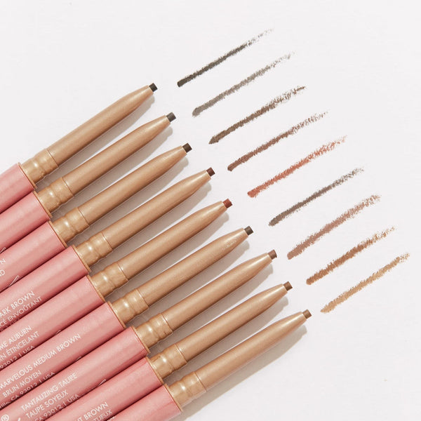 A range of eyebrow pencils in soft earthy shades with matching swatches, featuring the Eyebrow Pencil | Chella for precise brow definition and natural color enhancement.