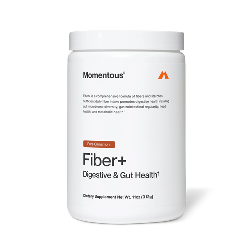 Container of Fiber+ dietary supplement in pure cinnamon flavor by Momentous, promoting digestive and gut health with a comprehensive fiber and starch formula.