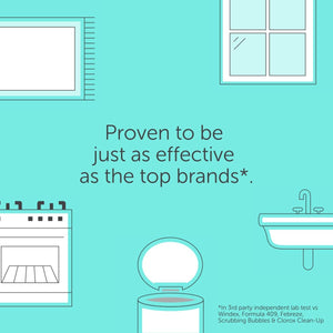 Minimalist kitchen illustration highlighting a claim that Activator Capsules 25ct box 12oz/3mL | Force of Nature is proven to be as effective as top cleaning brands.
