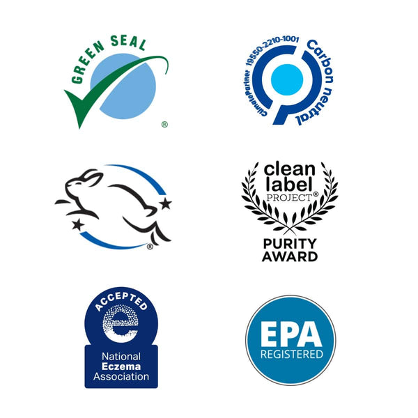 Certification logos including Green Seal, Carbon Neutral, Leaping Bunny cruelty-free, Clean Label Project Purity Award, National Eczema Association Accepted, and EPA Registered for Activator Capsules 25ct box 12oz/3mL | Force of Nature.