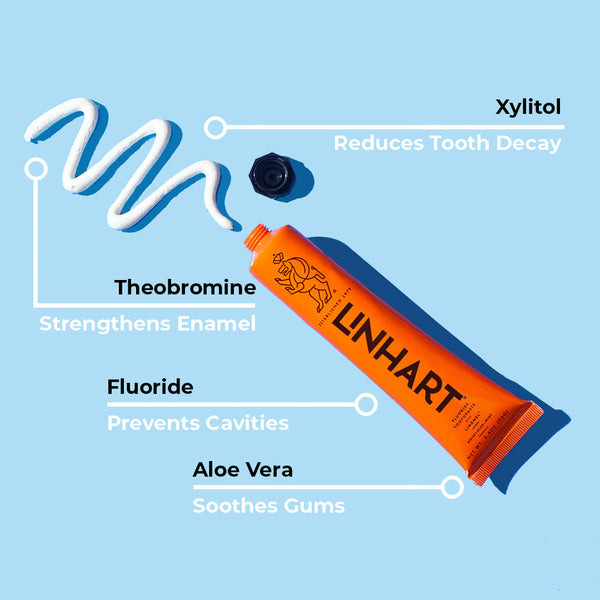 Linämel Toothpaste | LINHART tube with toothpaste on blue background highlighting ingredients xylitol, theobromine, fluoride, and aloe vera for oral care benefits.