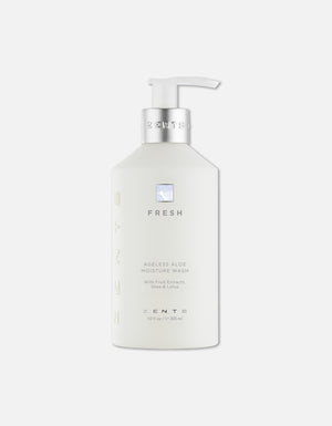 Minimalist white pump bottle of Ageless Aloe Moisture Wash | Zents skincare product featuring fruit extracts, shea, and lotus for a fresh body care routine.