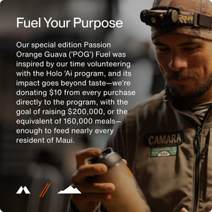 Man wearing a headlamp and a uniform holding a bottle, with text describing the Fuel special edition Passion Orange Guava product and its charitable donation to the Holo ʻAi program to help feed Maui residents.