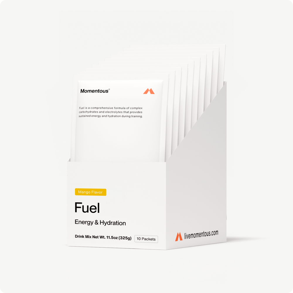 Box of Fuel 10-Travel Packs featuring Passion Orange Guava Flavor drink mix packets for energy and hydration, designed for sustained training support in wellness supplements.