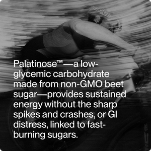 Black and white image of a cyclist in motion with text describing Palatinose as a low-glycemic carbohydrate from non-GMO beet sugar that provides sustained energy without spikes or crashes, promoting balanced fuel for endurance, related to Fuel.