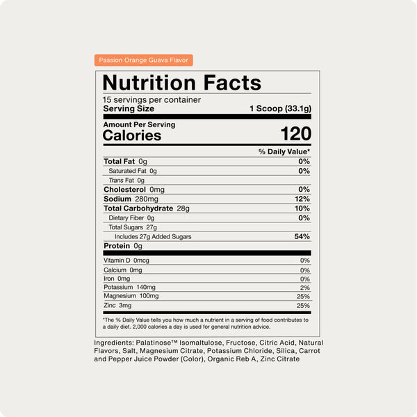 Nutrition facts label for Fuel supplement in passion orange guava flavor, showing 120 calories per serving, 28g carbohydrates with 27g added sugars, 280mg sodium, magnesium, zinc, and a list of natural ingredients.
