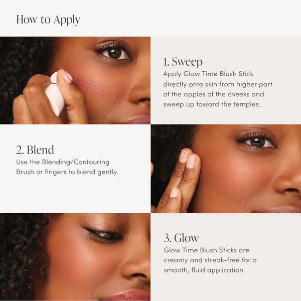 Close-up of a person applying Glow Time Blush Stick | Jane Iredale on their cheek, blending the creamy blush with their fingers for a smooth, radiant finish.