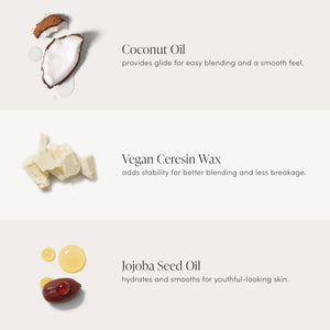 Ingredients of Glow Time Blush Stick | Jane Iredale featuring coconut oil for smooth blending, vegan ceresin wax for stability, and jojoba seed oil for hydration and youthful skin.