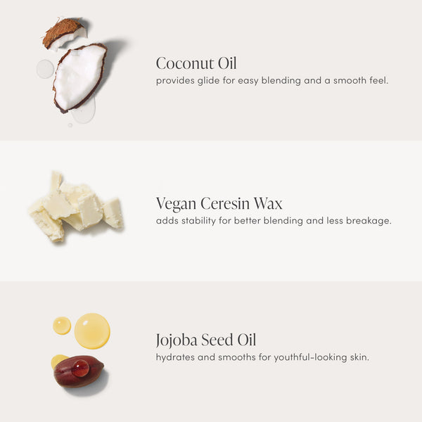 Ingredients of Glow Time Blush Stick | Jane Iredale featuring coconut oil for smooth blending, vegan ceresin wax for stability, and jojoba seed oil for hydration and youthful skin.