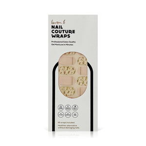 Packaging of Gel Nail Wrap | Lauren B. Beauty showing nail wraps with a pink base and gold leaf design, promoting easy application and salon-quality gel manicure at home.