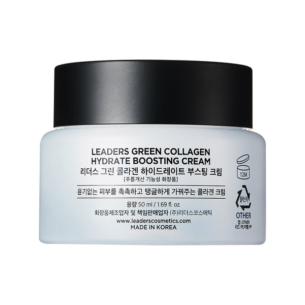 Jar of Green Collagen Firming Hydrate Boosting Cream | Leaders skincare product with black lid, designed to hydrate and firm skin, made in Korea.