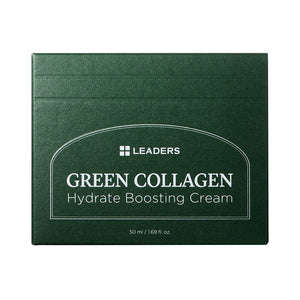 Green Collagen Firming Hydrate Boosting Cream | Leaders in dark green packaging emphasizing skincare hydration and firming benefits.