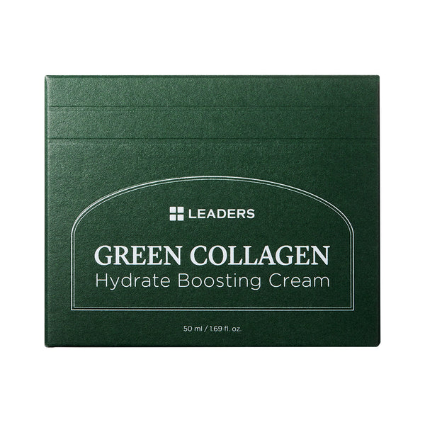 Green Collagen Firming Hydrate Boosting Cream | Leaders in dark green packaging emphasizing skincare hydration and firming benefits.