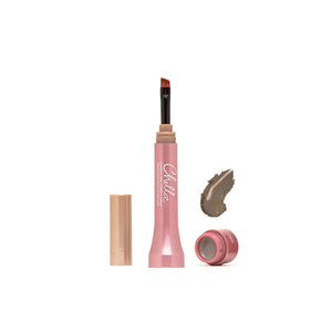 Eyebrow Cream | Chella with a soft angled brush, light taupe cream product, and swatch showing smooth application for natural eyebrow definition and grooming.