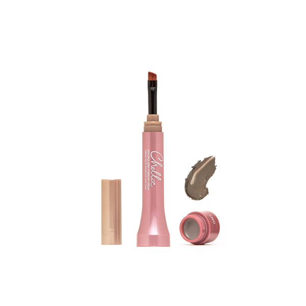 Eyebrow Cream | Chella with a soft angled brush, light taupe cream product, and swatch showing smooth application for natural eyebrow definition and grooming.