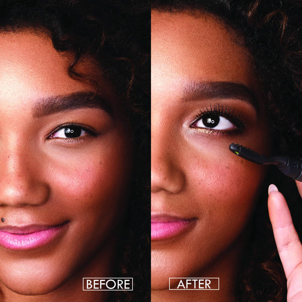 Side-by-side comparison showing a woman’s eyelashes before and after using the Heated Eyelash Curler | Chella, enhancing eyelash curl and definition.