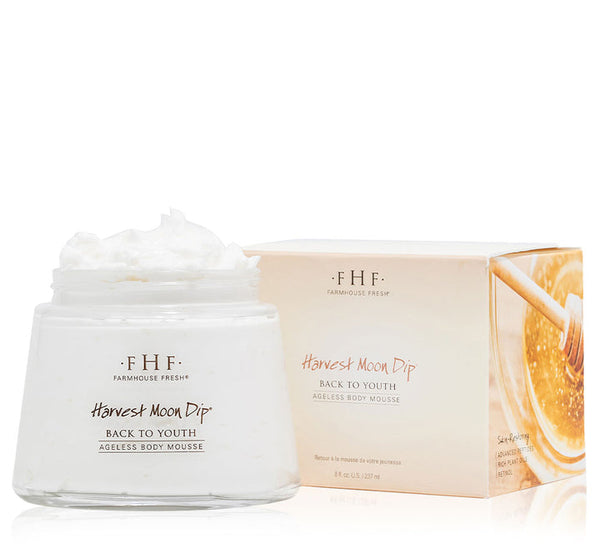 Jar and packaging of Harvest Moon Dip® | FarmhouseFresh ageless body mousse with a creamy white texture, designed for skincare and body care.