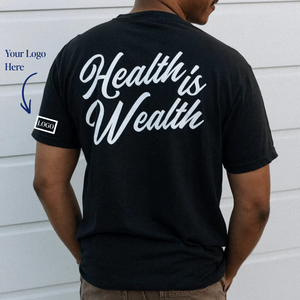 Unisex Health Is Wealth T-Shirt - Private Label | Lucky Owl black shirt with Health is Wealth lettering and Your Logo Here placement graphic on the sleeve