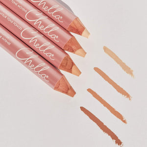 Four Highlighter Pencil | Chella makeup pencils in varying nude shades arranged horizontally with corresponding swatches on a light background.