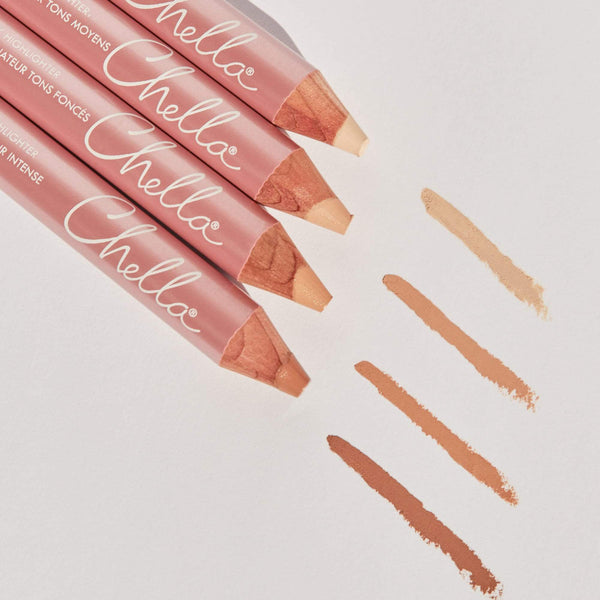 Four Highlighter Pencil | Chella makeup pencils in varying nude shades arranged horizontally with corresponding swatches on a light background.