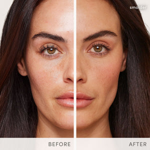 Close-up comparison of a woman's face before and after applying Glow Time Blush Stick | Jane Iredale, showing enhanced skin tone and natural blush with a smolder shade.