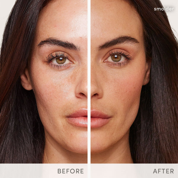 Close-up comparison of a woman's face before and after applying Glow Time Blush Stick | Jane Iredale, showing enhanced skin tone and natural blush with a smolder shade.