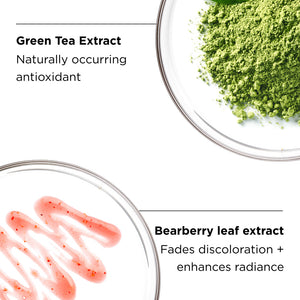 Close-up of green tea extract powder and bearberry leaf extract gel in glass dishes, highlighting natural antioxidant benefits and skin brightening properties for ILUMA® intense brightening serum | IMAGE Skincare.