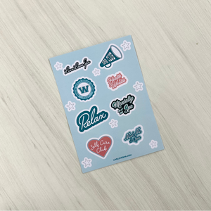 Sheet of Collegiate Cuties Stickers (4x6 Sheet) – Limited Edition | Lucky Owl featuring motivational phrases like Relax, Health is Wealth, Mentally at the Spa, and decorative star accents on a light blue background.