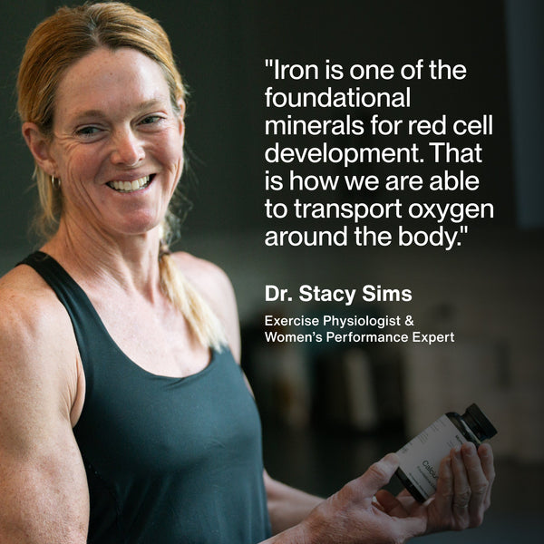 Dr. Stacy Sims holding a bottle while sharing a testimonial about Iron+ as a key mineral for red cell development and oxygen transport in the body.