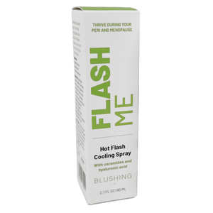 Packaging of Flash Me – Hot Flash Cooling Spray | Popmask featuring a white and green box with branding and product details for menopausal hot flash relief with ceramides and hyaluronic acid.