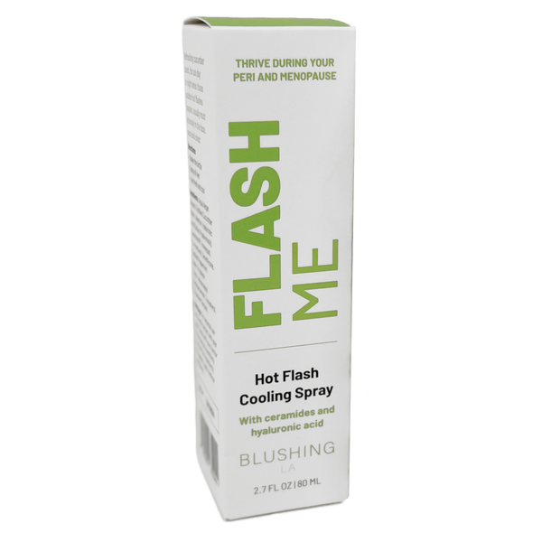 Packaging of Flash Me – Hot Flash Cooling Spray | Popmask featuring a white and green box with branding and product details for menopausal hot flash relief with ceramides and hyaluronic acid.