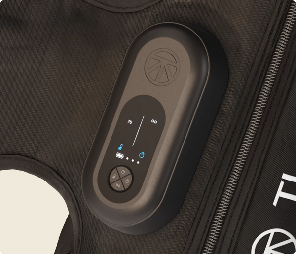 Close-up of the control panel on the JetBoots Prime | Therabody, a wellness device designed for recovery with a sleek black interface showing power, temperature, and timer settings.