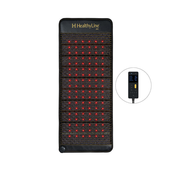 Jet Series - PEMF Far Infrared Heating Mats | HealthyLine black heating mat with red infrared light nodes and a digital control device, designed for wellness and recovery.